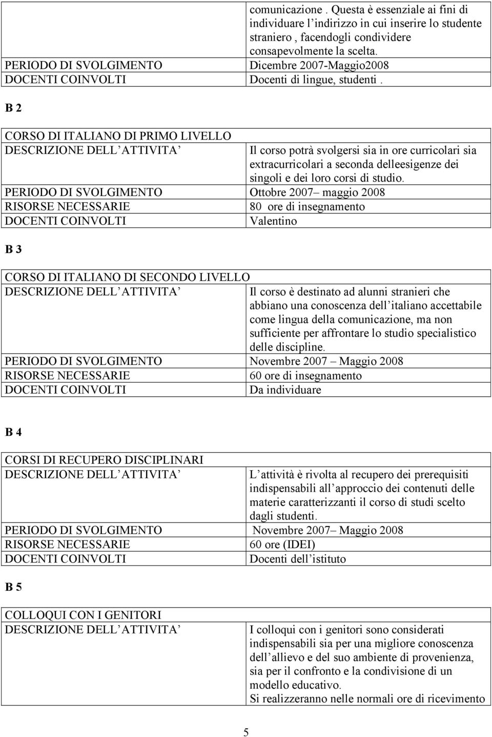 B 2 CORSO DI ITALIANO DI PRIMO LIVELLO Il corso potrà svolgersi sia in ore curricolari sia extracurricolari a seconda delleesigenze dei singoli e dei loro corsi di studio.