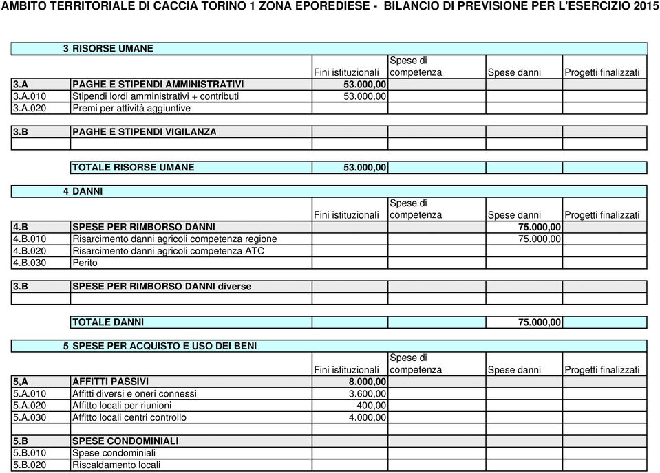 B.030 Perito 3.B SPESE PER RIMBORSO DANNI diverse TOTALE DANNI 75.000,00 5 SPESE PER ACQUISTO E USO DEI BENI 5,A AFFITTI PASSIVI 8.000,00 5.A.010 Affitti diversi e oneri connessi 3.