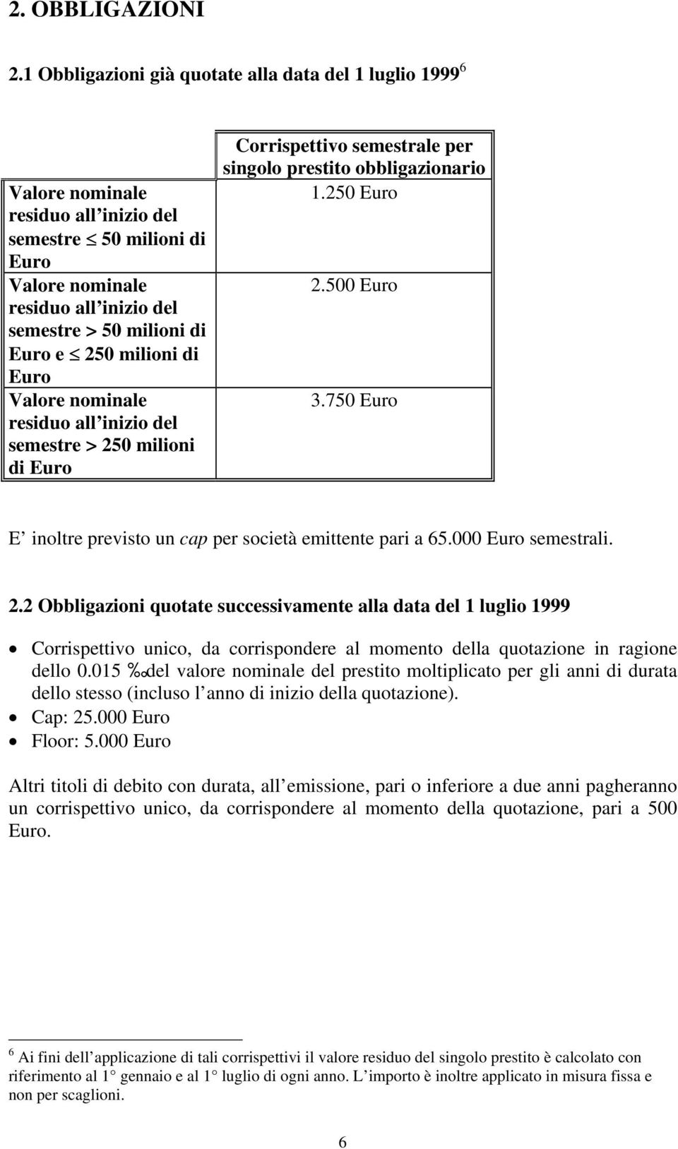 Valore nominale residuo all inizio del semestre > 250 milioni di Corrispettivo semestrale per singolo prestito obbligazionario 1.250 2.500 3.