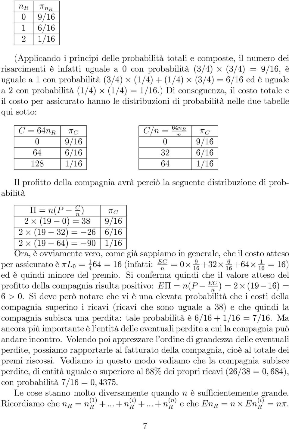 C 0 9=16 64 6=16 128 1=16 C= = 64 C 0 9=16 32 6=16 64 1=16 Il pro tto della compagia avrà perciò la seguete distribuzioe di probabilità C = (P C 2 (19 0) = 38 9=16 2 (19 32) = 26 6=16 2 (19 64) = 90