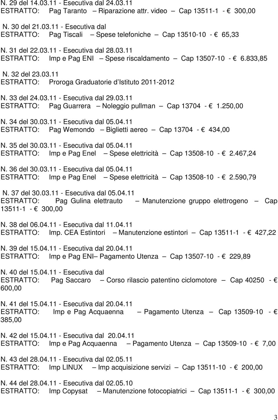 03.11 ESTRATTO: Pag Guarrera Noleggio pullman Cap 13704-1.250,00 N. 34 del 30.03.11 - Esecutiva dal 05.04.11 ESTRATTO: Pag Wemondo Biglietti aereo Cap 13704-434,00 N. 35 del 30.03.11 - Esecutiva dal 05.04.11 ESTRATTO: Imp e Pag Enel Spese elettricità Cap 13508-10 - 2.