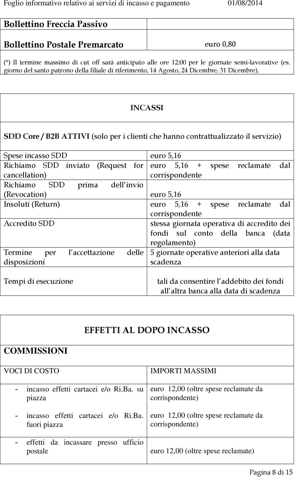 INCASSI SDD Core / B2B ATTIVI (solo per i clienti che hanno contrattualizzato il servizio) Spese incasso SDD euro 5,16 Richiamo SDD inviato (Request for euro 5,16 + spese reclamate dal cancellation)