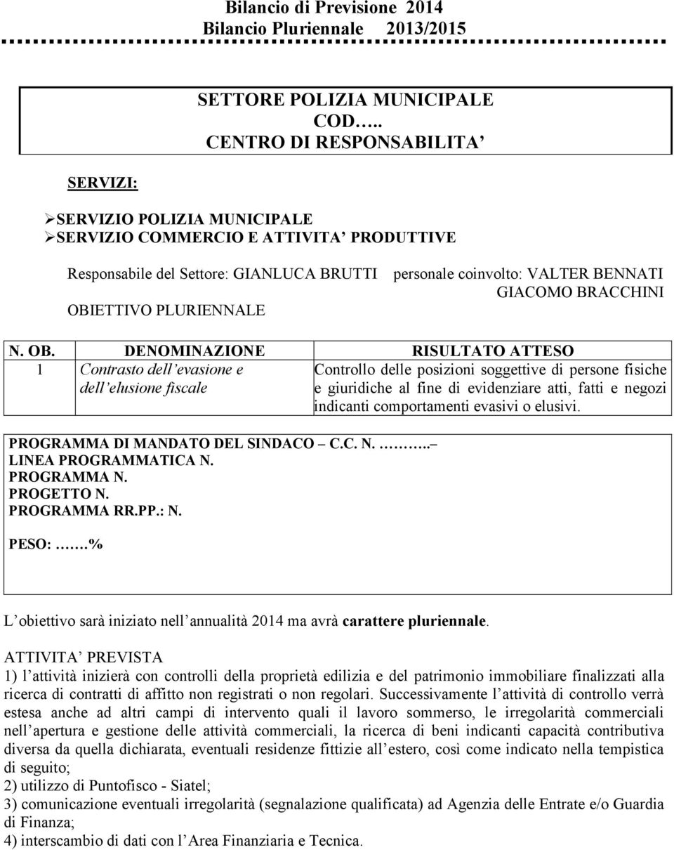 fisiche e giuridiche al fine di evidenziare atti, fatti e negozi indicanti comportamenti evasivi o elusivi. PROGRAMMA DI MANDATO DEL SINDACO C.C. N... LINEA PROGRAMMATICA N. PROGRAMMA N. PROGETTO N.