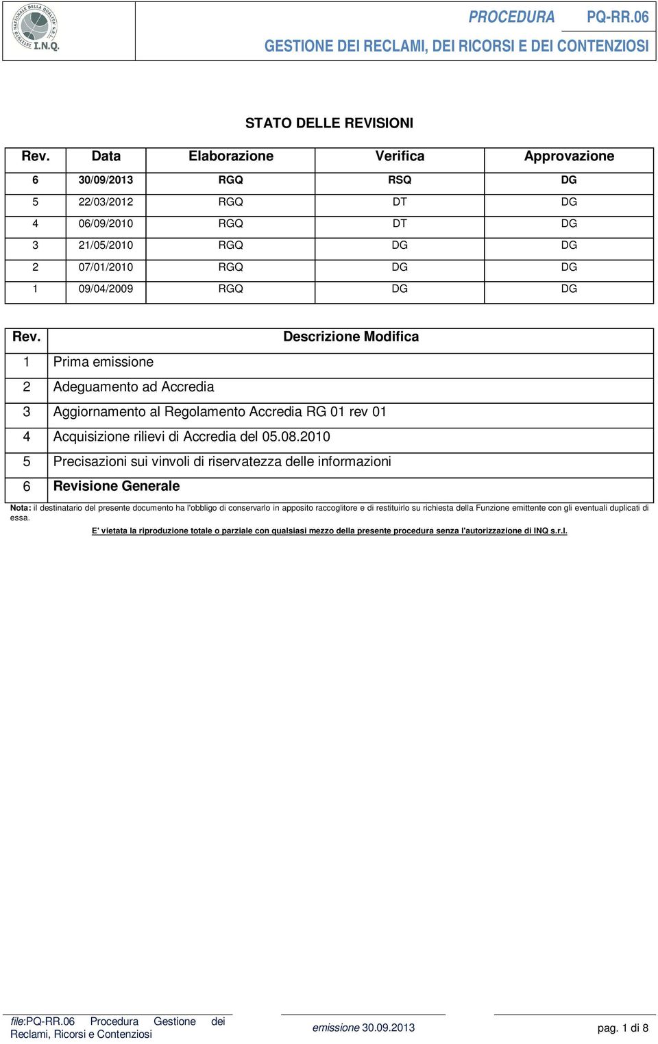 1 Prima emissione 2 Adeguamento ad Accredia Descrizione Modifica 3 Aggiornamento al Regolamento Accredia RG 01 rev 01 4 Acquisizione rilievi di Accredia del 05.08.