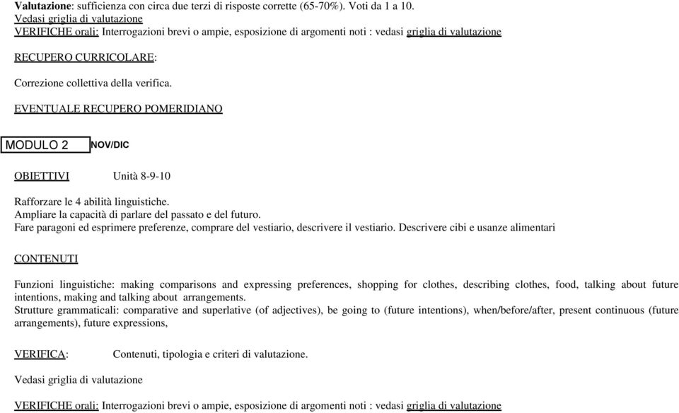 EVENTUALE RECUPERO POMERIDIANO MODULO 2 NOV/DIC OBIETTIVI Unità 8-9-10 Rafforzare le 4 abilità linguistiche. Ampliare la capacità di parlare del passato e del futuro.