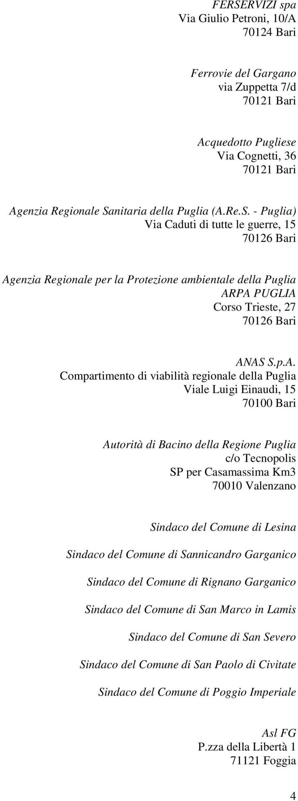 Comune di Lesina Sindaco del Comune di Sannicandro Garganico Sindaco del Comune di Rignano Garganico Sindaco del Comune di San Marco in Lamis Sindaco del Comune di San Severo Sindaco del Comune di