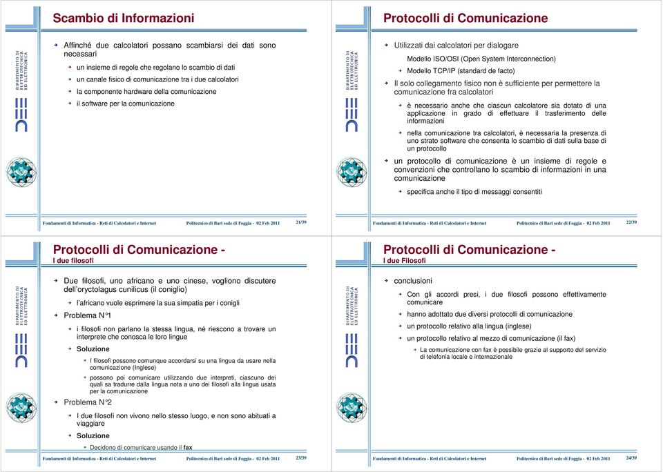 facto) Il solo collegamento fisico non è sufficiente per permettere la comunicazione fra calcolatori il software per la comunicazione è necessario anche che ciascun calcolatore sia dotato di una