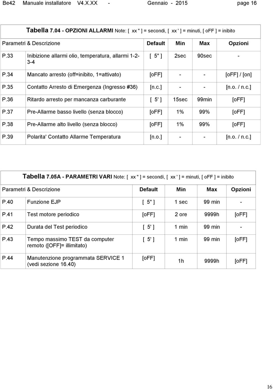 33 Inibizione allarmi olio, temperatura, allarmi 1-2- 3-4 [ 5" ] 2sec 90sec - P.34 Mancato arresto (off=inibito, 1=attivato) [off] - - [off] / [on] P.