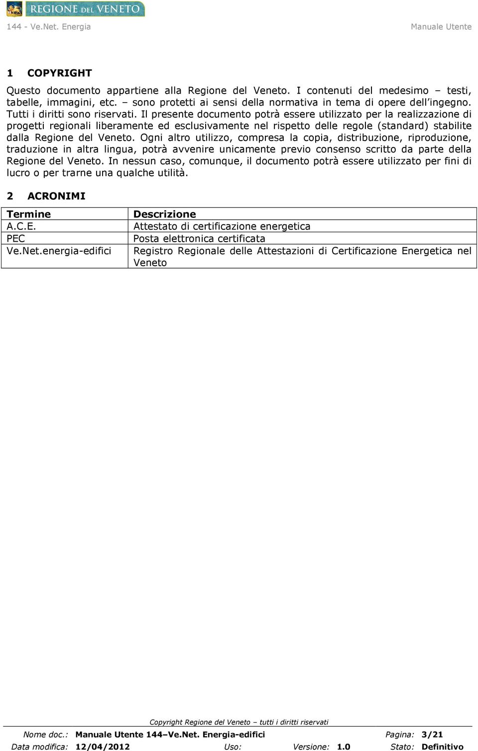 Il presente documento potrà essere utilizzato per la realizzazione di progetti regionali liberamente ed esclusivamente nel rispetto delle regole (standard) stabilite dalla Regione del Veneto.