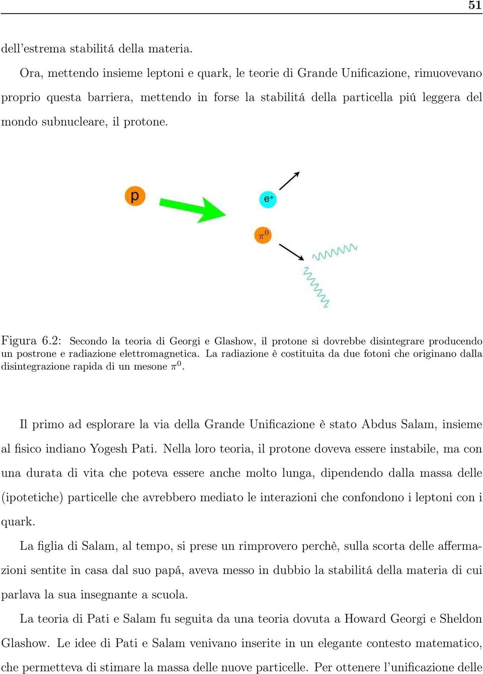 protone. Figura 6.2: Secondo la teoria di Georgi e Glashow, il protone si dovrebbe disintegrare producendo un postrone e radiazione elettromagnetica.