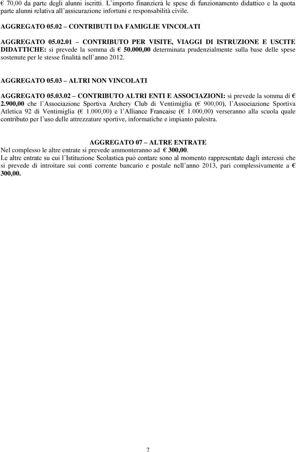 000,00 determinata prudenzialmente sulla base delle spese sostenute per le stesse finalità nell anno 2012. AGGREGATO 05.03 ALTRI NON VINCOLATI AGGREGATO 05.03.02 CONTRIBUTO ALTRI ENTI E ASSOCIAZIONI: si prevede la somma di 2.