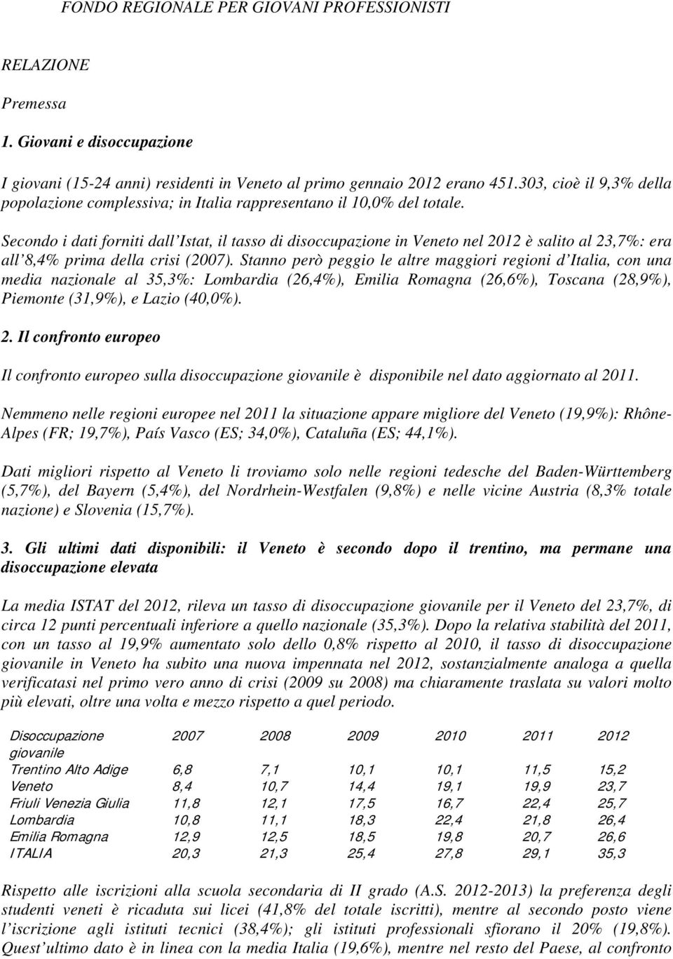 Secondo i dati forniti dall Istat, il tasso di disoccupazione in Veneto nel 2012 è salito al 23,7%: era all 8,4% prima della crisi (2007).