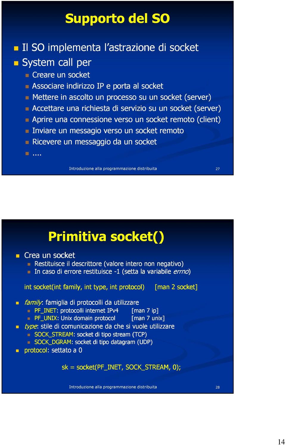 .. 27 Crea un socket Primitiva socket() Restituisce il descrittore (valore intero non negativo) In caso di errore restituisce -1 (setta la variabile errno) int socket(int family, int type, int