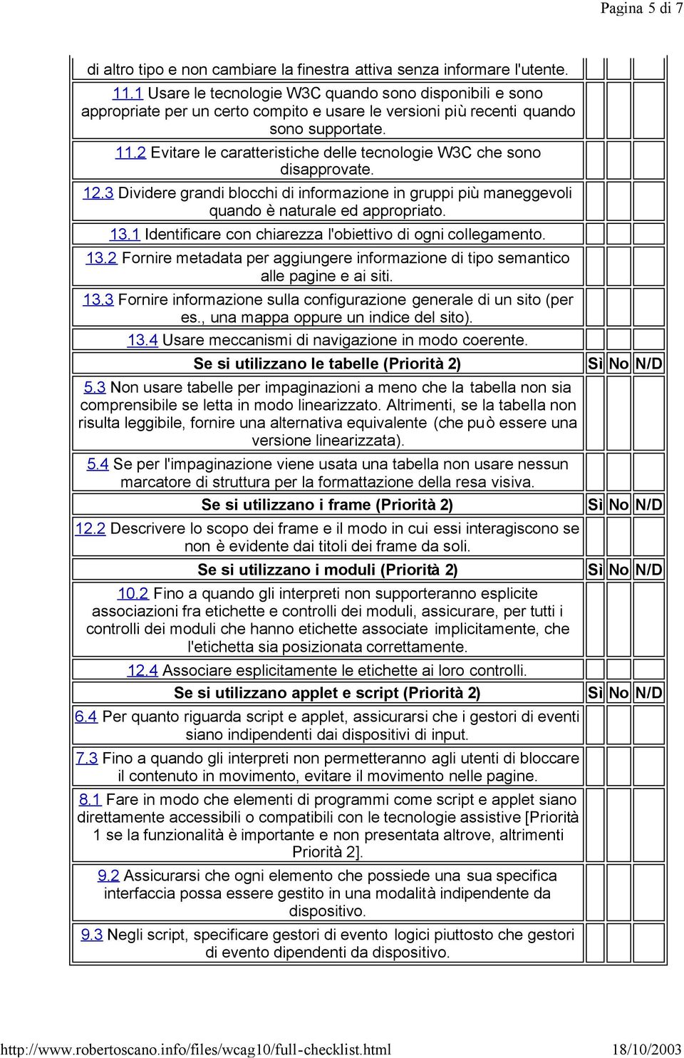 2 Evitare le caratteristiche delle tecnologie W3C che sono disapprovate. 12.3 Dividere grandi blocchi di informazione in gruppi più maneggevoli quando è naturale ed appropriato. 13.