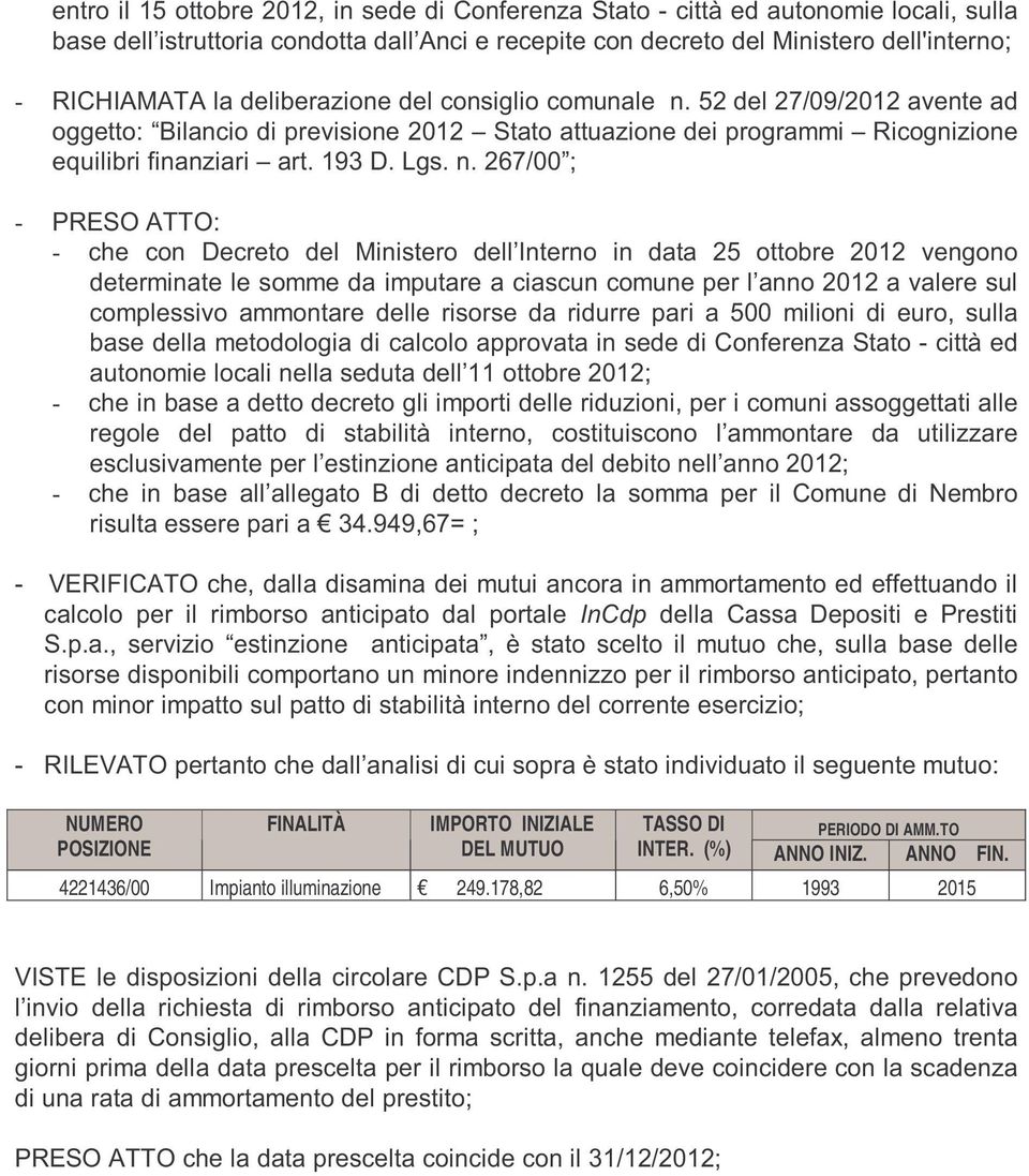 52 del 27/09/2012 avente ad oggetto: Bilancio di previsione 2012 Stato attuazione dei programmi Ricognizione equilibri finanziari art. 193 D. Lgs. n.