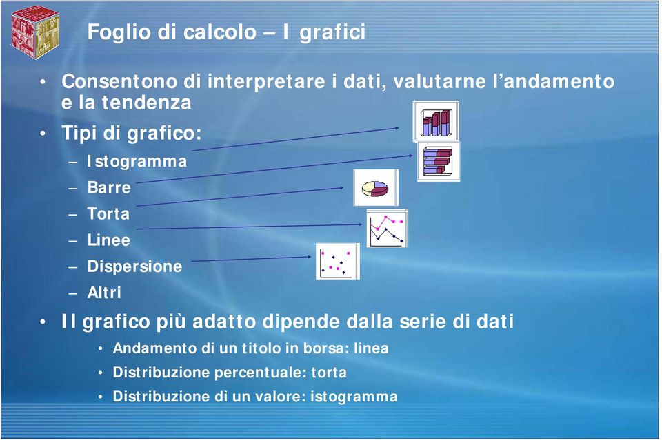 Dispersione Altri Il grafico più adatto dipende dalla serie di dati Andamento di