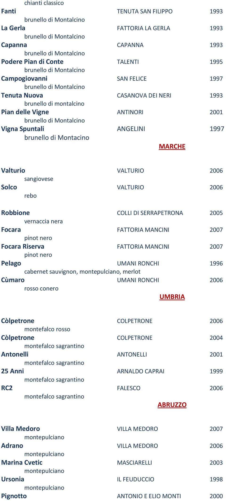 vernaccia nera Focara FATTORIA MANCINI 2007 Focara Riserva FATTORIA MANCINI 2007 Pelago UMANI RONCHI 1996 cabernet sauvignon,, Cùmaro UMANI RONCHI 2006 rosso conero UMBRIA Còlpetrone COLPETRONE 2006