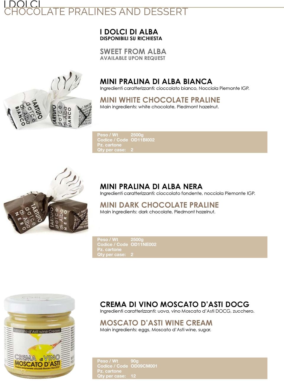 Peso / Wt 2500g Codice / Code OD11BI002 Qty per case: 2 MINI PRALINA DI ALBA NERA Ingredienti caratterizzanti: cioccolato fondente, nocciola Piemonte IGP.