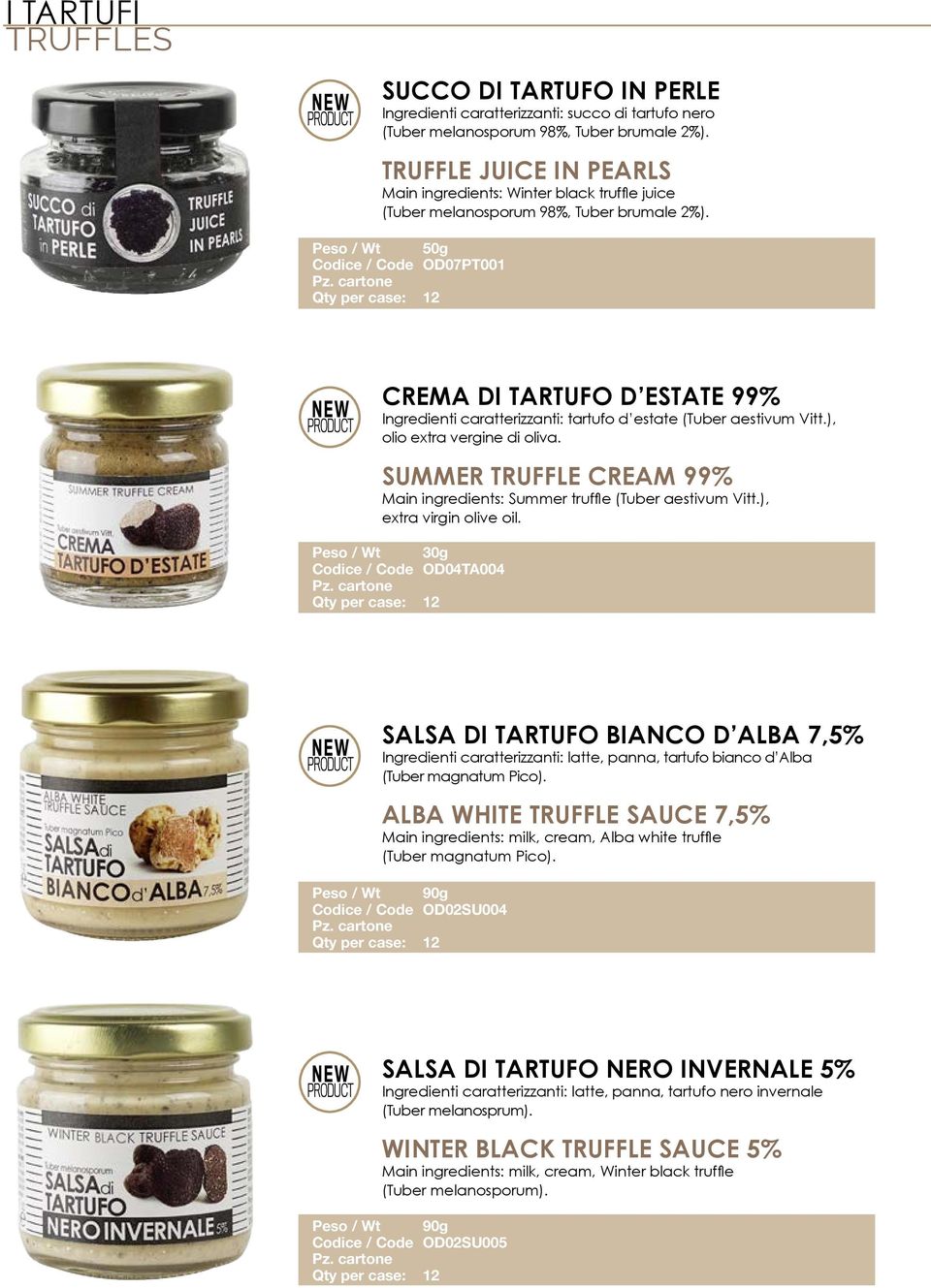 Peso / Wt 50g Codice / Code OD07PT001 NEW PRODUCT CREMA DI TARTUFO D ESTATE 99% Ingredienti caratterizzanti: tartufo d estate (Tuber aestivum Vitt.), olio extra vergine di oliva.