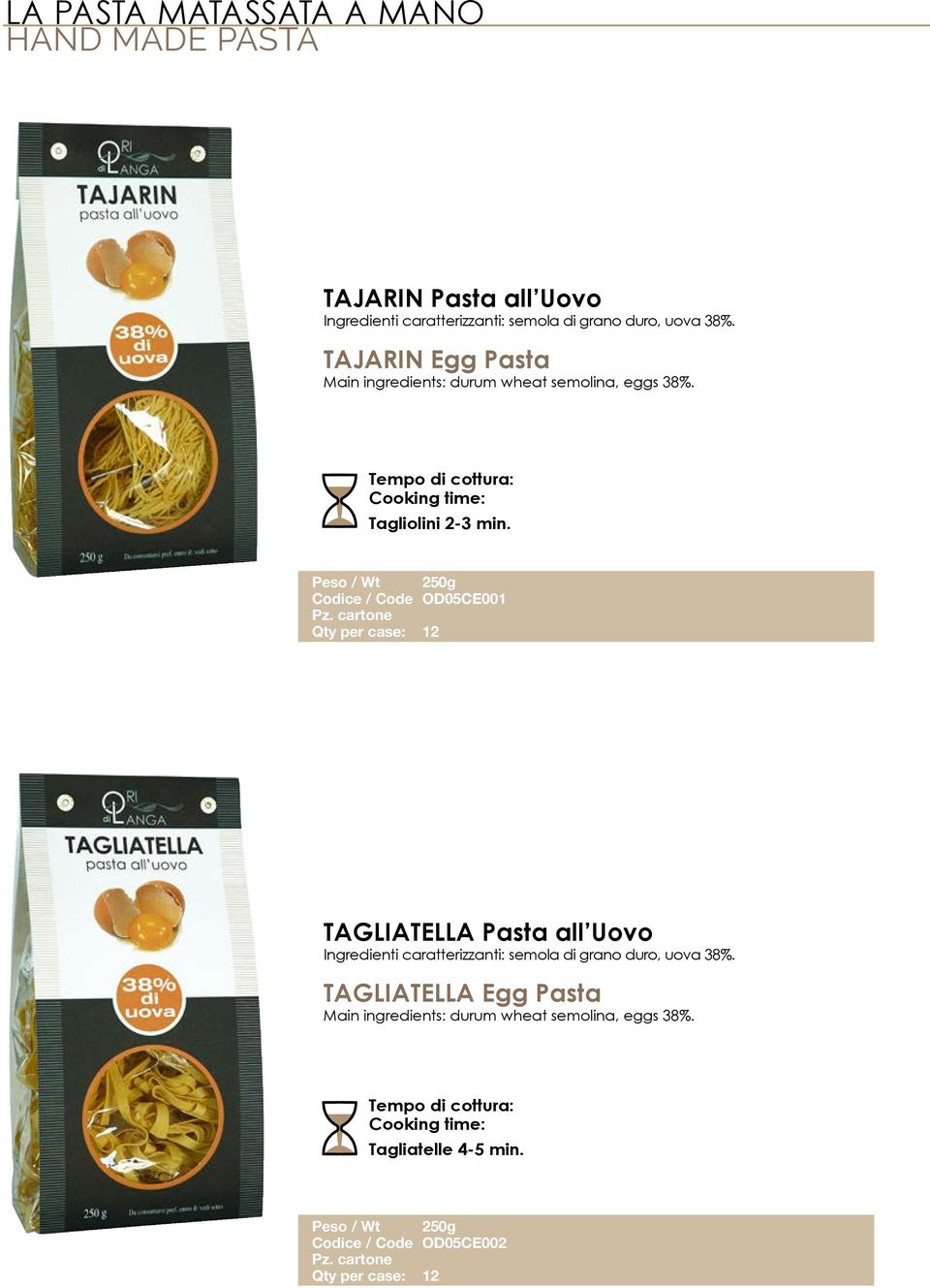 Peso / Wt 250g Codice / Code OD05CE001 TAGLIATELLA Pasta all Uovo Ingredienti caratterizzanti: semola di grano duro, uova 38%.