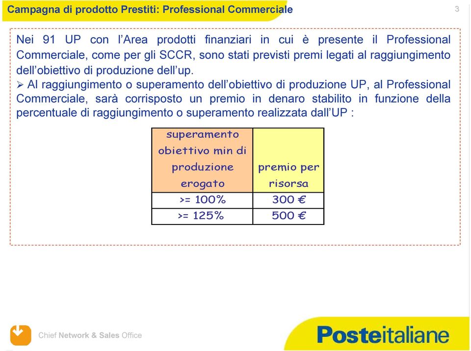 Al raggiungimento o superamento dell obiettivo di produzione UP, al Professional Commerciale, sarà corrisposto un premio in denaro stabilito