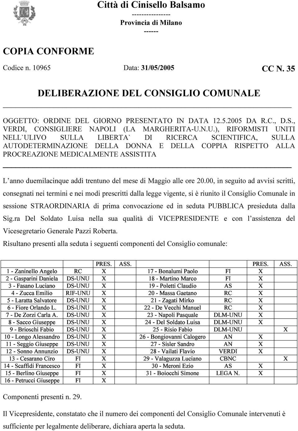 ALE OGGETTO: ORDINE DEL GIORNO PRESENTATO IN DATA 12.5.2005 DA R.C., D.S., VERDI, CONSIGLIERE NAPOLI (LA MARGHERITA-U.