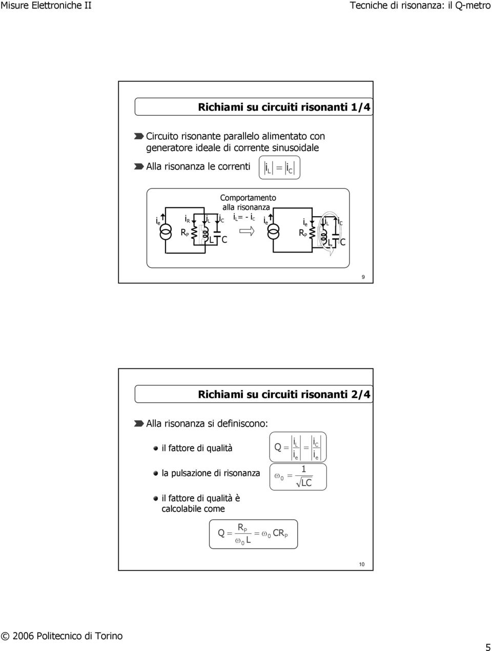 i R i i - i i e ie i i i R P R P 9 Richiami su circuiti risonanti /4 Alla risonanza si