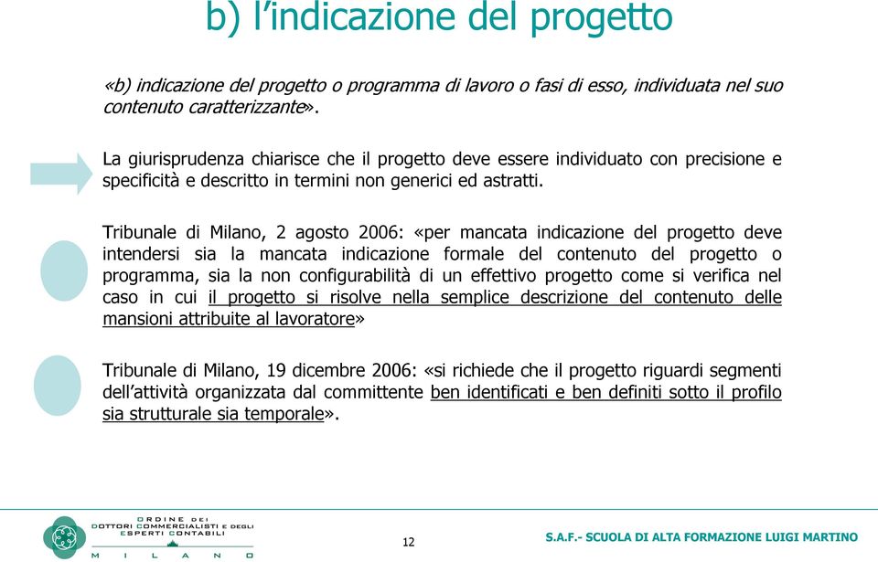 Tribunale di Milano, 2 agosto 2006: «per mancata indicazione del progetto deve intendersi sia la mancata indicazione formale del contenuto del progetto o programma, sia la non configurabilità di un