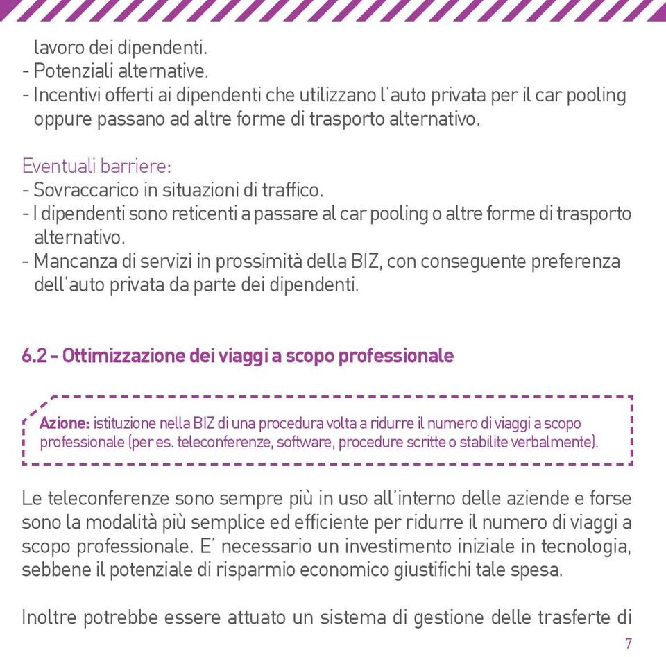 - Mancanza di servizi in prossimità della BIZ, con conseguente preferenza dell auto privata da parte dei dipendenti. 6.