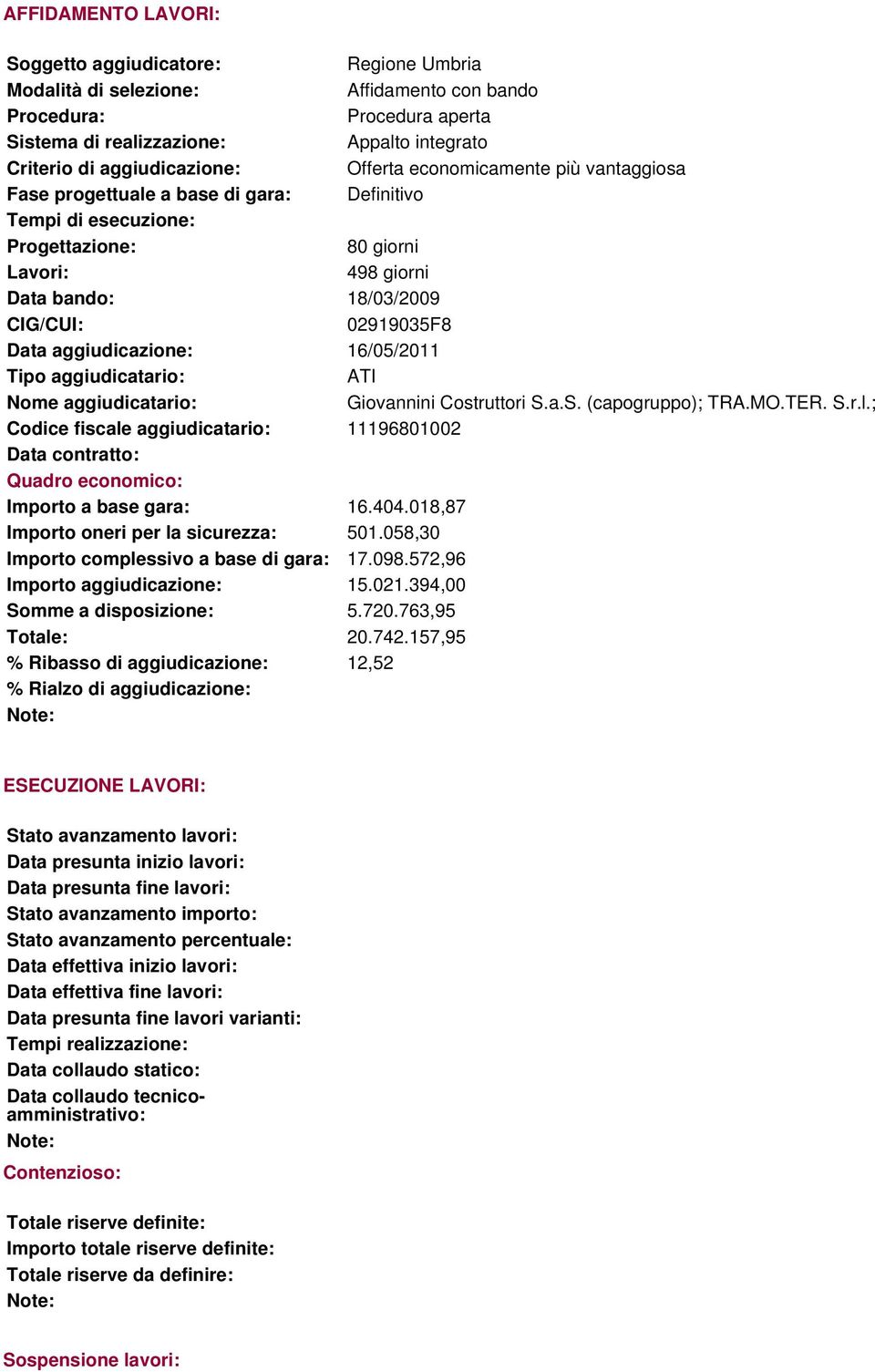 02919035F8 Data aggiudicazione: 16/05/2011 Tipo aggiudicatario: ATI Giovannini Costruttori S.a.S. (capogruppo); TRA.MO.TER. S.r.l.