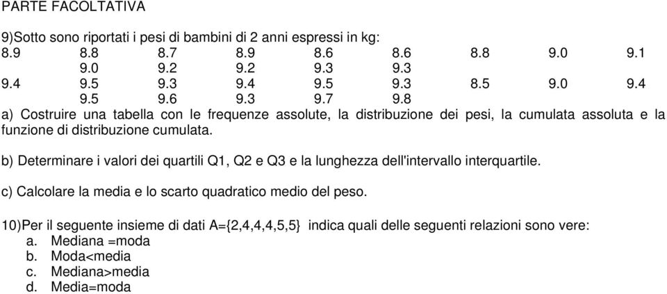 8 a) Costrure una tabella con le frequenze assolute, la dstrbuzone de pes, la cumulata assoluta e la funzone d dstrbuzone cumulata.