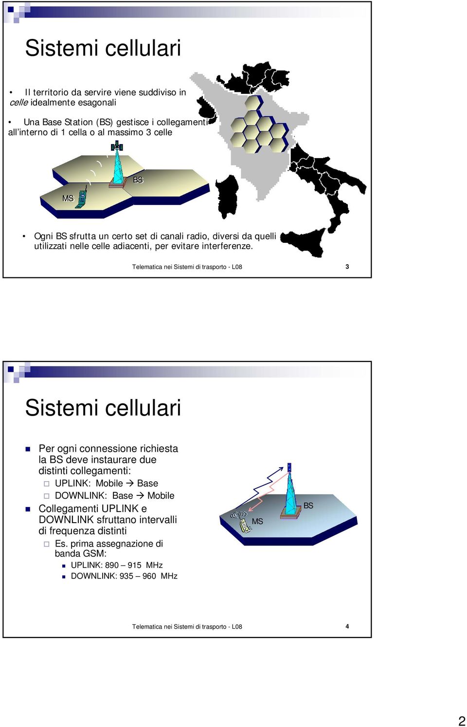 Telematica nei Sistemi di trasporto - L08 3 Sistemi cellulari Per ogni connessione richiesta la BS deve instaurare due distinti collegamenti: UPLINK: Mobile Base DOWNLINK: