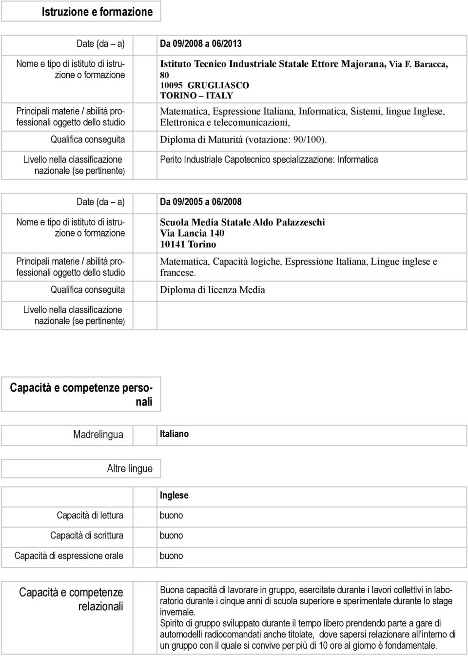 Baracca, 80 10095 GRUGLIASCO TORINO ITALY Matematica, Espressione Italiana, Informatica, Sistemi, lingue Inglese, Elettronica e telecomunicazioni, Qualifica conseguita Diploma di Maturità (votazione: