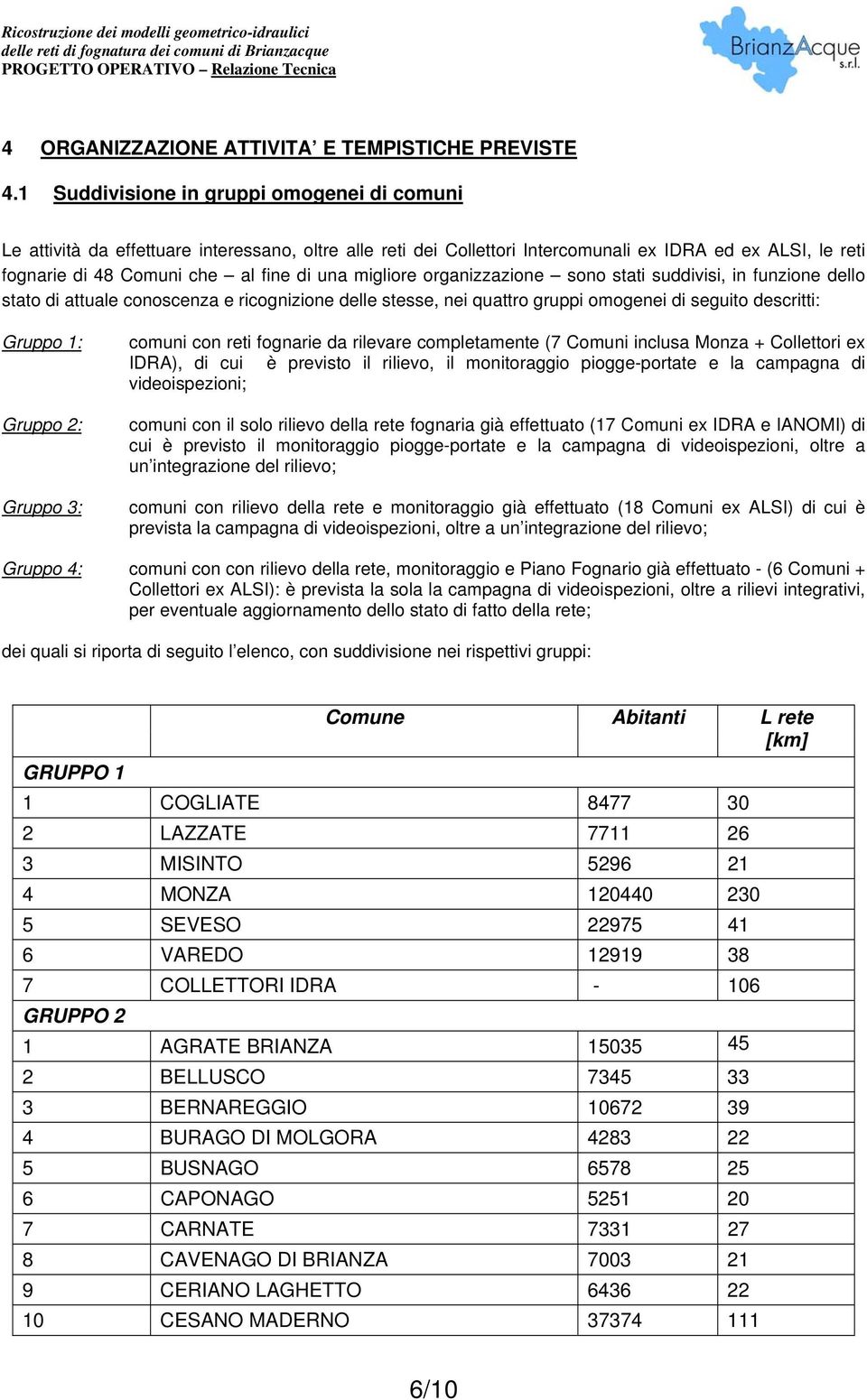 migliore organizzazione sono stati suddivisi, in funzione dello stato di attuale conoscenza e ricognizione delle stesse, nei quattro gruppi omogenei di seguito descritti: Gruppo 1: Gruppo 2: Gruppo