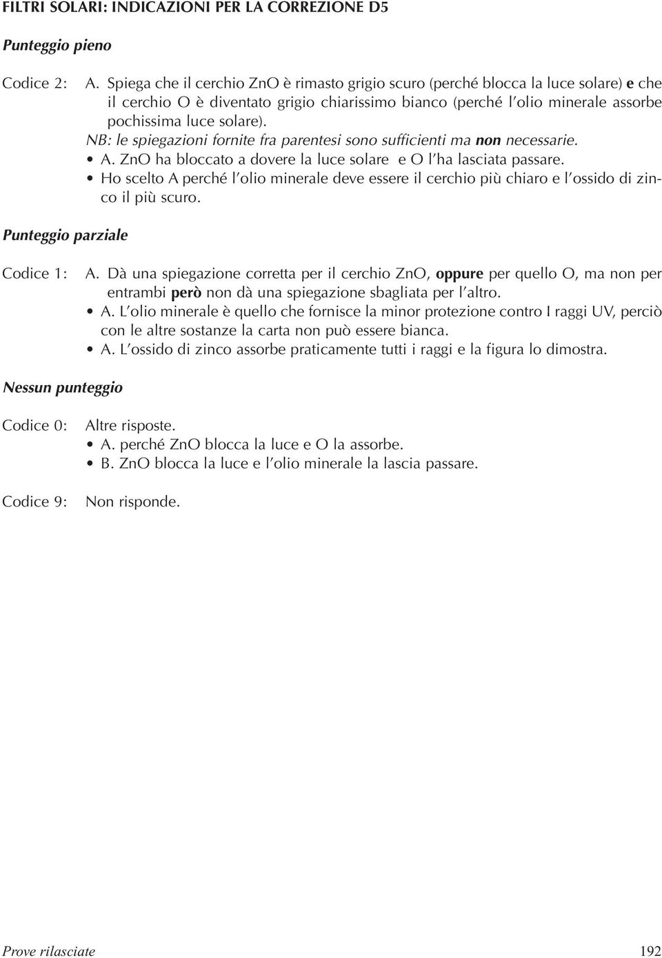 NB: le spiegazioni fornite fra parentesi sono sufficienti ma non necessarie. A. ZnO ha bloccato a dovere la luce solare e O l ha lasciata passare.