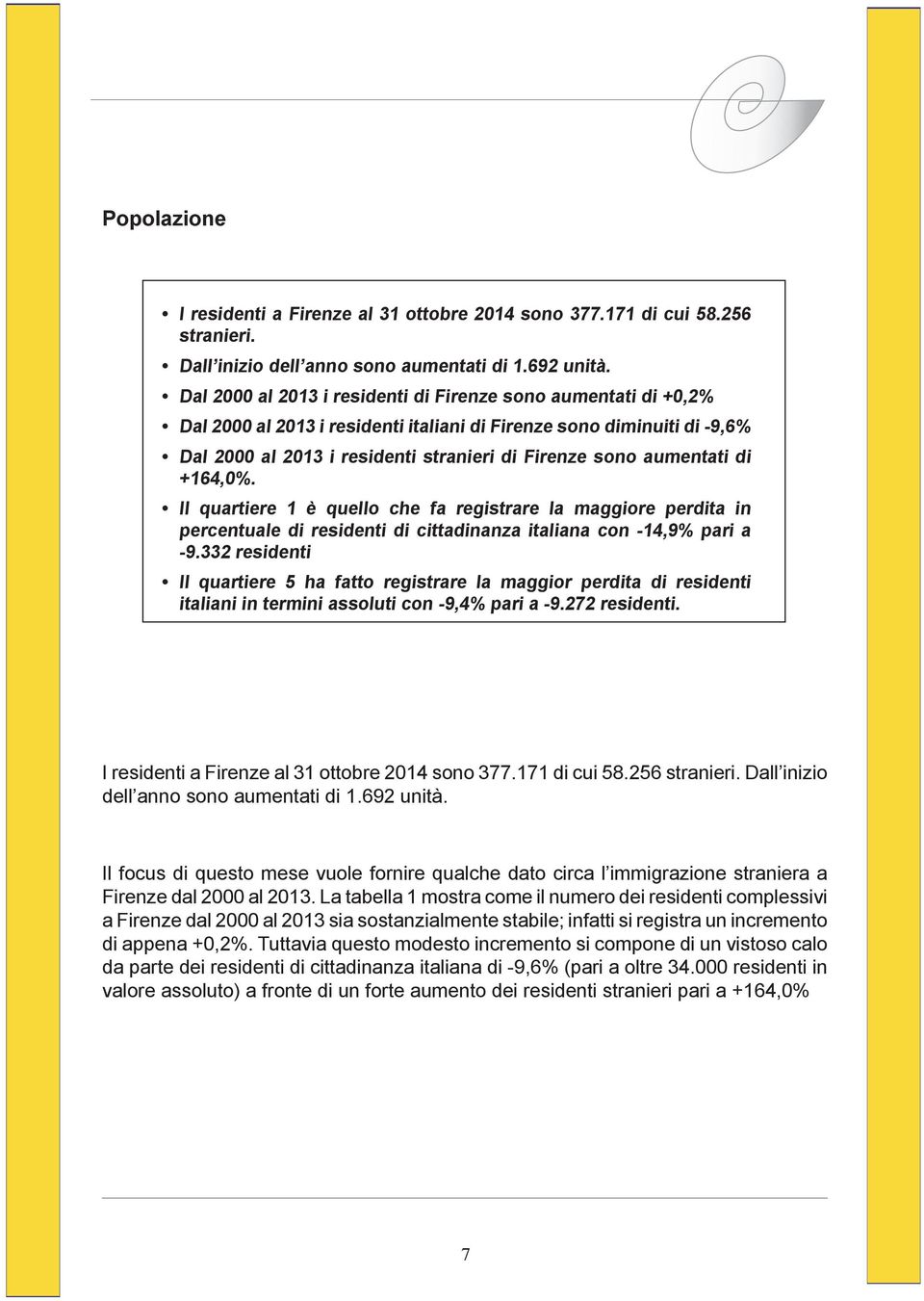 aumentati di +164,0%. Il quartiere 1 è quello che fa registrare la maggiore perdita in percentuale di residenti di cittadinanza italiana con -14,9% pari a -9.