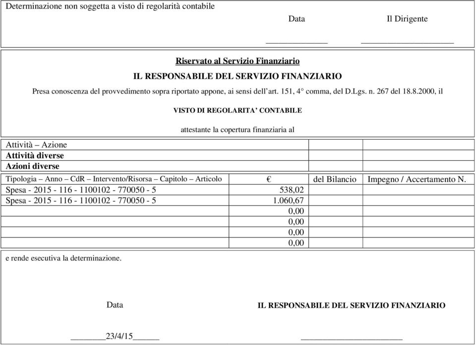 8.2000, il VISTO DI REGOLARITA CONTABILE Attività Azione Attività diverse Azioni diverse attestante la copertura finanziaria al Tipologia Anno CdR Intervento/Risorsa