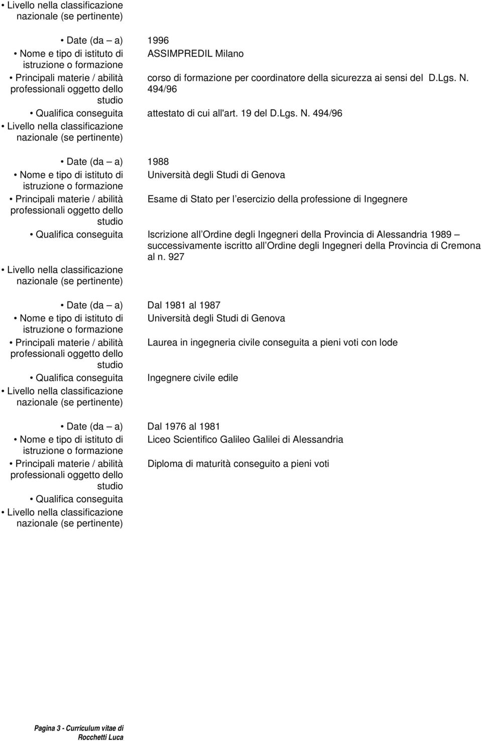 494/96 Date (da a) 1988 Nome e tipo di istituto di Università degli Studi di Genova Esame di Stato per l esercizio della professione di Ingegnere Qualifica conseguita Iscrizione all Ordine degli