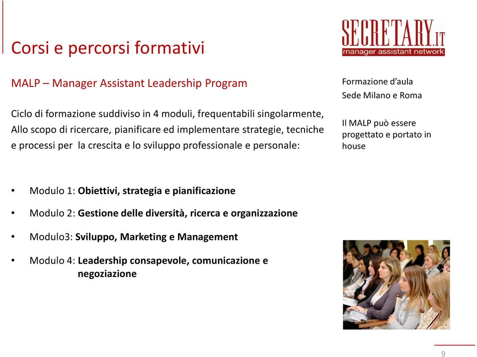 Formazione d aula Sede Milano e Roma Il MALP può essere progettato e portato in house Modulo 1: Obiettivi, strategia e pianificazione Modulo 2: