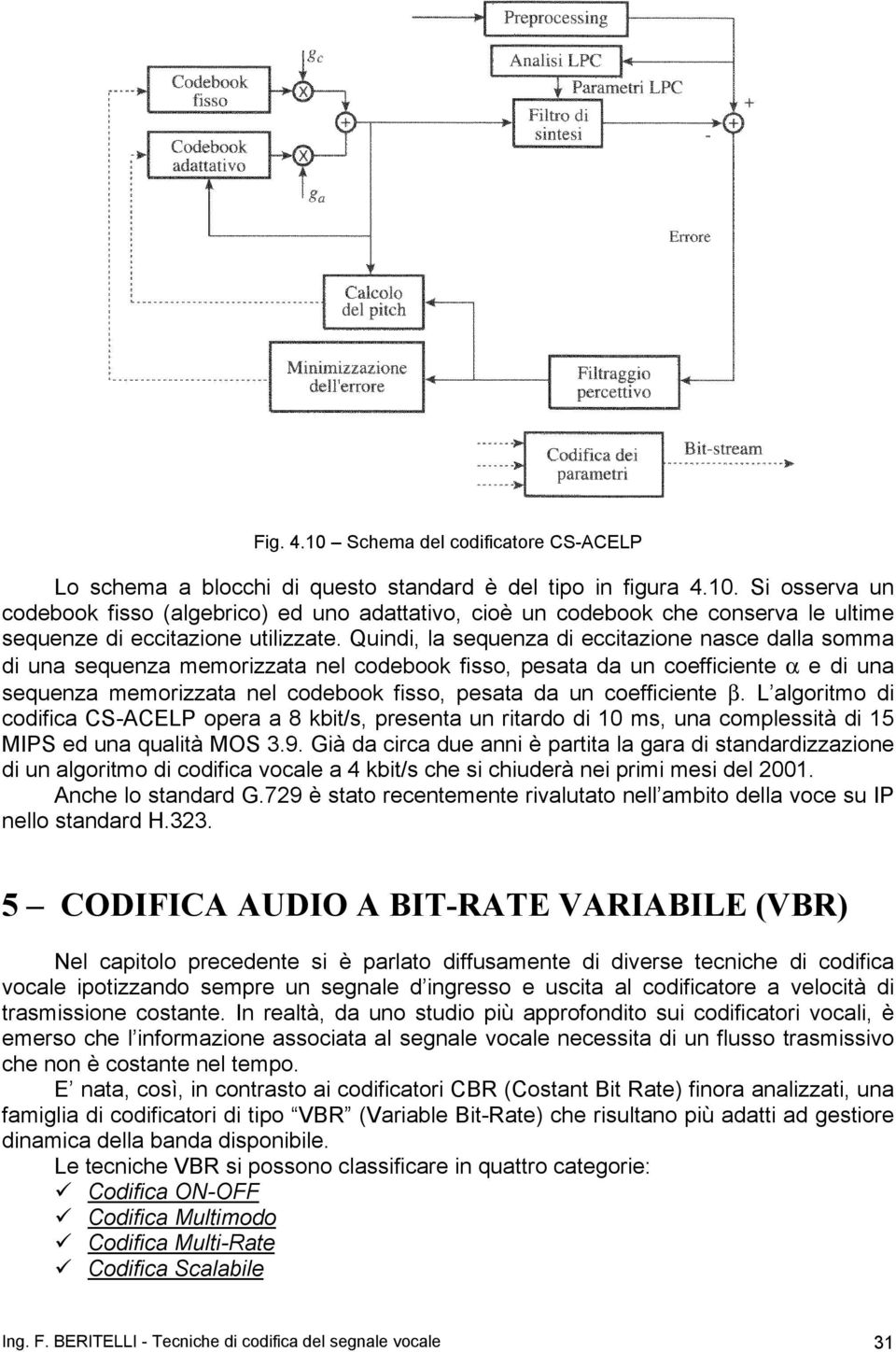 coefficiente β. L algoritmo di codifica CS-ACELP opera a 8 kbit/s, presenta un ritardo di 10 ms, una complessità di 15 MIPS ed una qualità MOS 3.9.