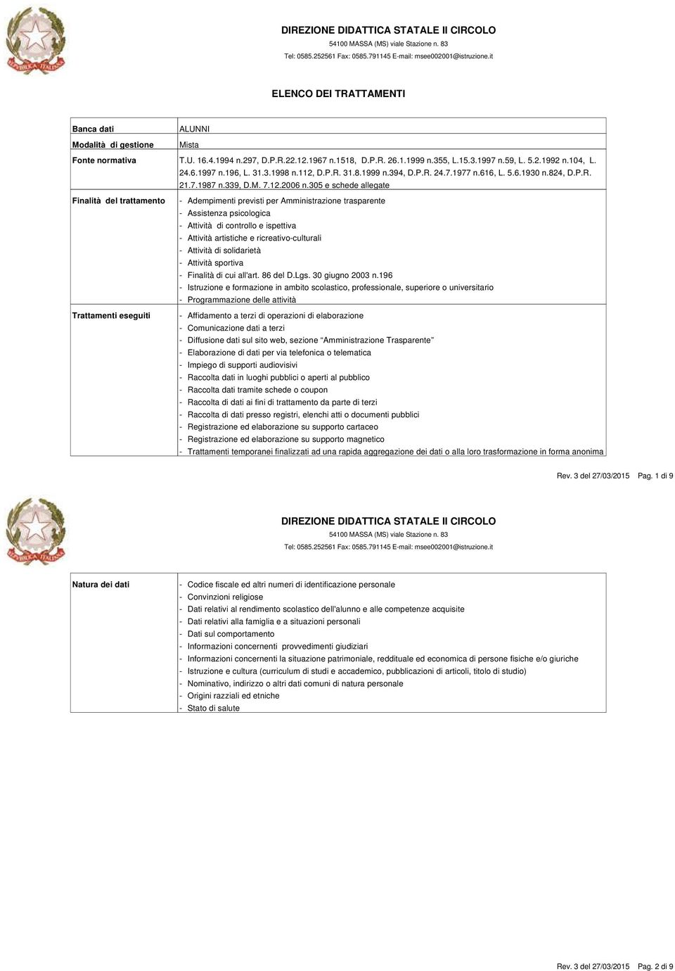 196 Istruzione e formazione in ambito scolastico, professionale, superiore o universitario Programmazione delle attività Affidamento a terzi di operazioni di elaborazione Comunicazione dati a terzi