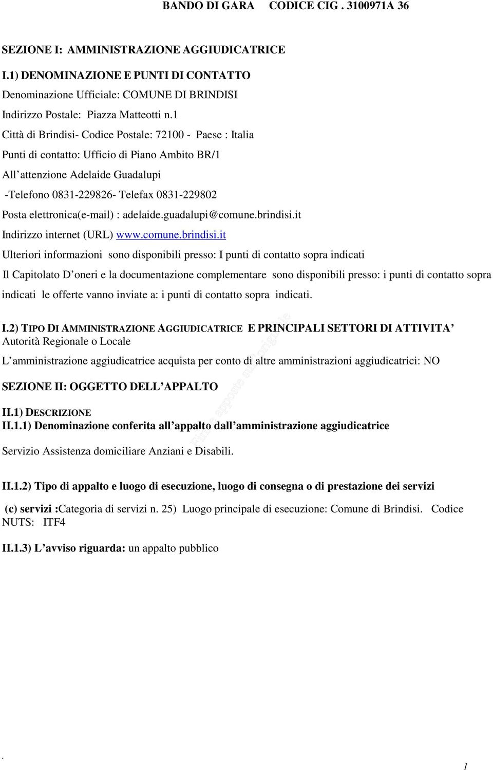 elettronica(e-mail) : adelaideguadalupi@comunebrindisiit Indirizzo internet (URL) wwwcomunebrindisiit Ulteriori informazioni sono disponibili presso: I punti di contatto sopra indicati Il Capitolato