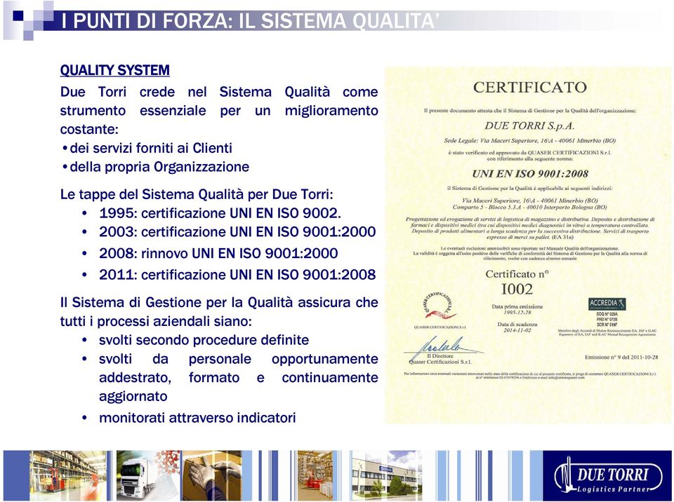 2003: certificazione UNI EN ISO 9001:2000 2008: rinnovo UNI EN ISO 9001:2000 2011: certificazione UNI EN ISO 9001:2008 Il Sistema di Gestione per la Qualità