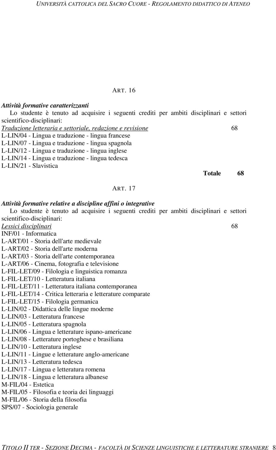 17 Attività formative relative a discipline affini o integrative Lessici disciplinari 68 INF/01 - Informatica L-ART/01 - Storia dell'arte medievale L-ART/02 - Storia dell'arte moderna L-ART/03 -