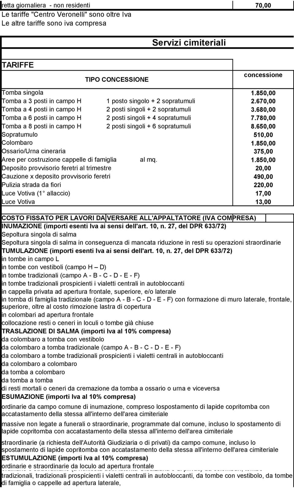 680,00 Tomba a 6 posti in campo H 2 posti singoli + 4 sopratumuli 7.780,00 Tomba a 8 posti in campo H 2 posti singoli + 6 sopratumuli 8.650,00 Sopratumulo 510,00 Colombaro 1.