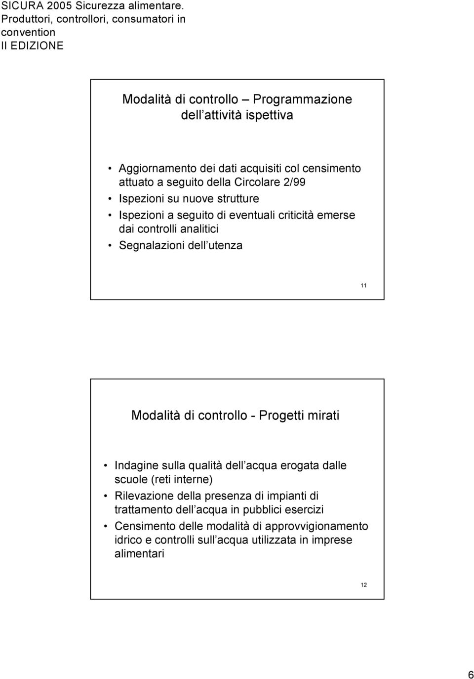 Ispezioni su nuove strutture Ispezioni a seguito di eventuali criticità emerse dai controlli analitici Segnalazioni dell utenza 11 Modalità di controllo -