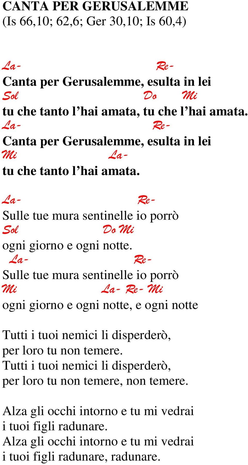 La- - Sulle tue mura sentinelle io porrò Mi La- - Mi ogni giorno e ogni notte, e ogni notte Tutti i tuoi nemici li disperderò, per loro tu non temere.