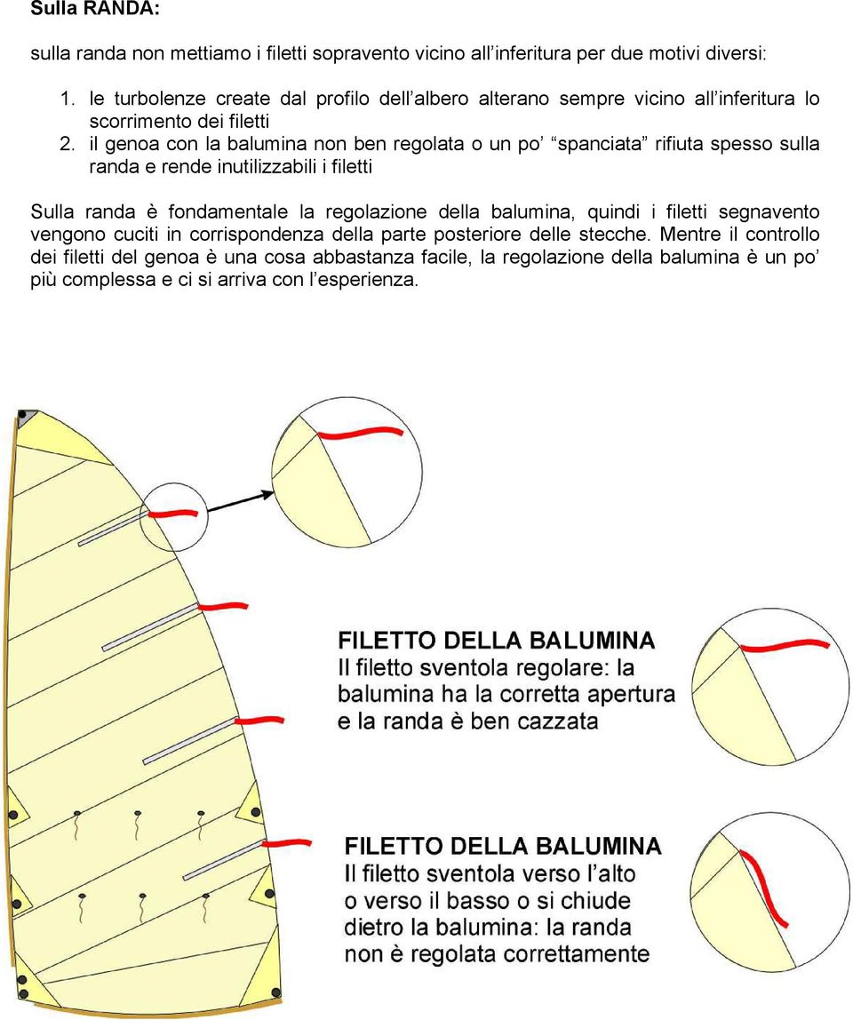 il genoa con la balumina non ben regolata o un po spanciata rifiuta spesso sulla randa e rende inutilizzabili i filetti Sulla randa è fondamentale la regolazione