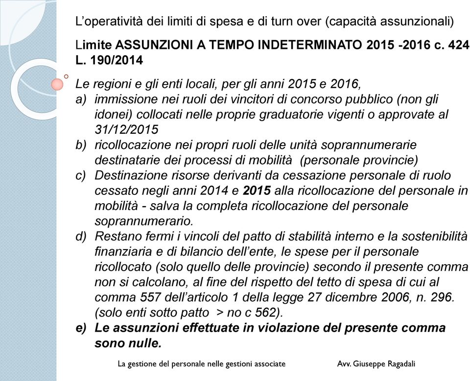 31/12/2015 b) ricollocazione nei propri ruoli delle unità soprannumerarie destinatarie dei processi di mobilità (personale provincie) c) Destinazione risorse derivanti da cessazione personale di