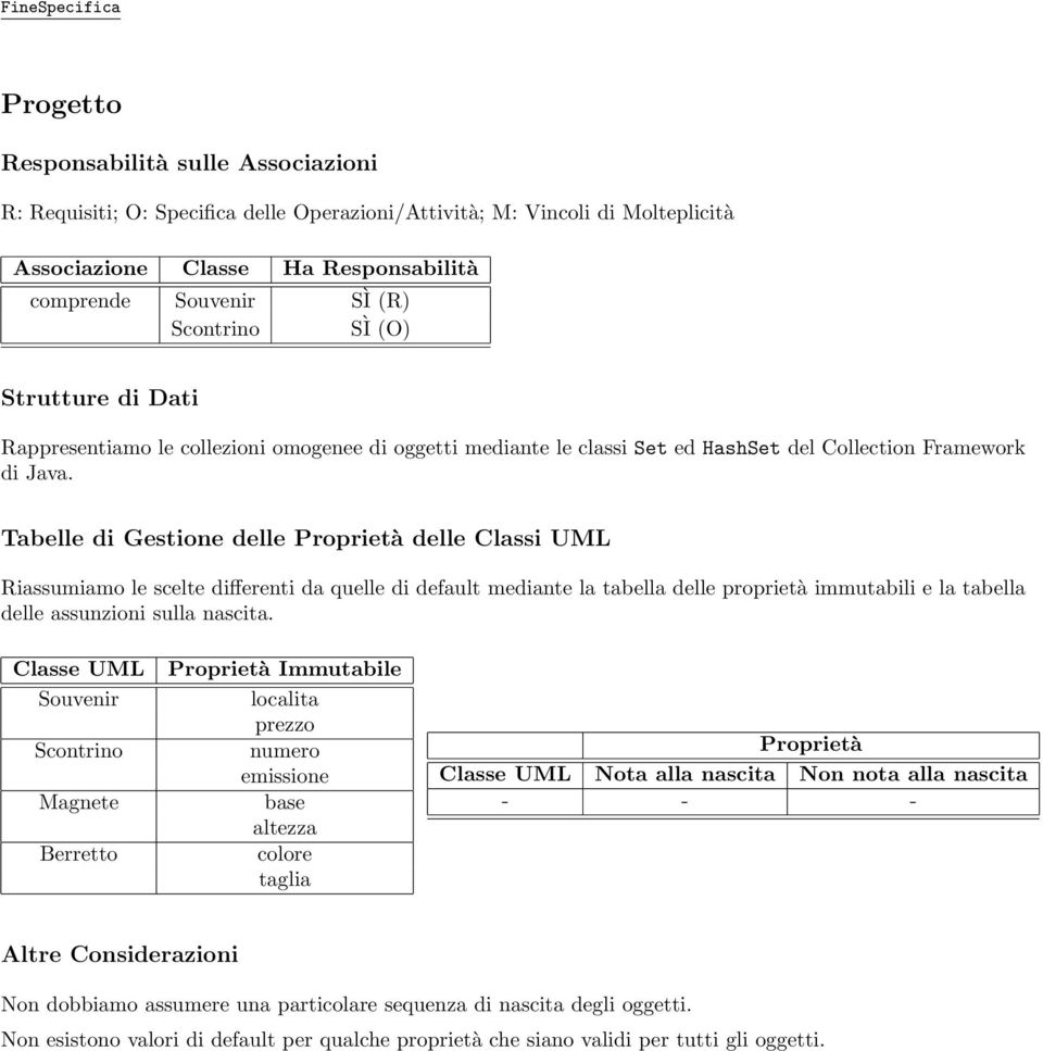 Tabelle di Gestione delle Proprietà delle Classi UML Riassumiamo le scelte differenti da quelle di default mediante la tabella delle proprietà immutabili e la tabella delle assunzioni sulla nascita.